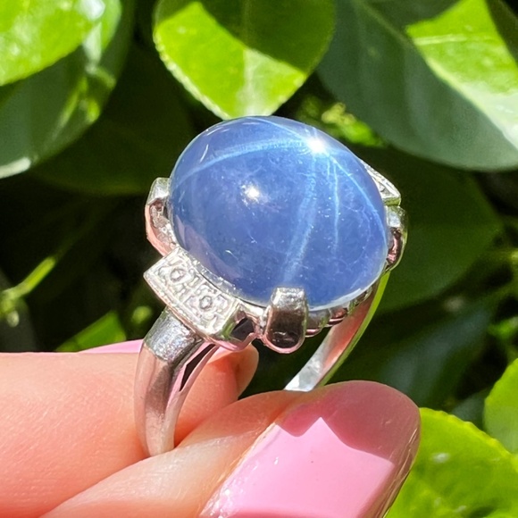 VINTAGE 10K WHITE GOLD SYNTHETIC STAR BLUE SAPPHIRE CATSEYE SPINEL CABOCHON RING - Picture 3 of 16